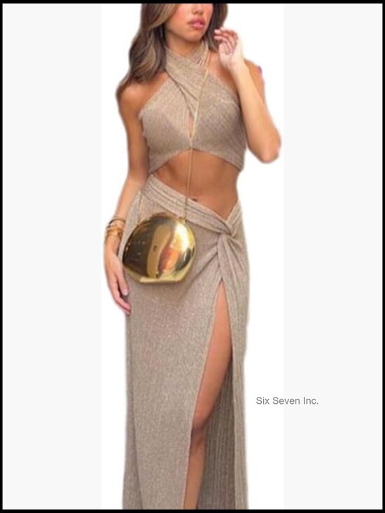 Dresses & Skirts - Knit 2 Piece Skirt Set with Crop Top and High Split Maxi Skirt